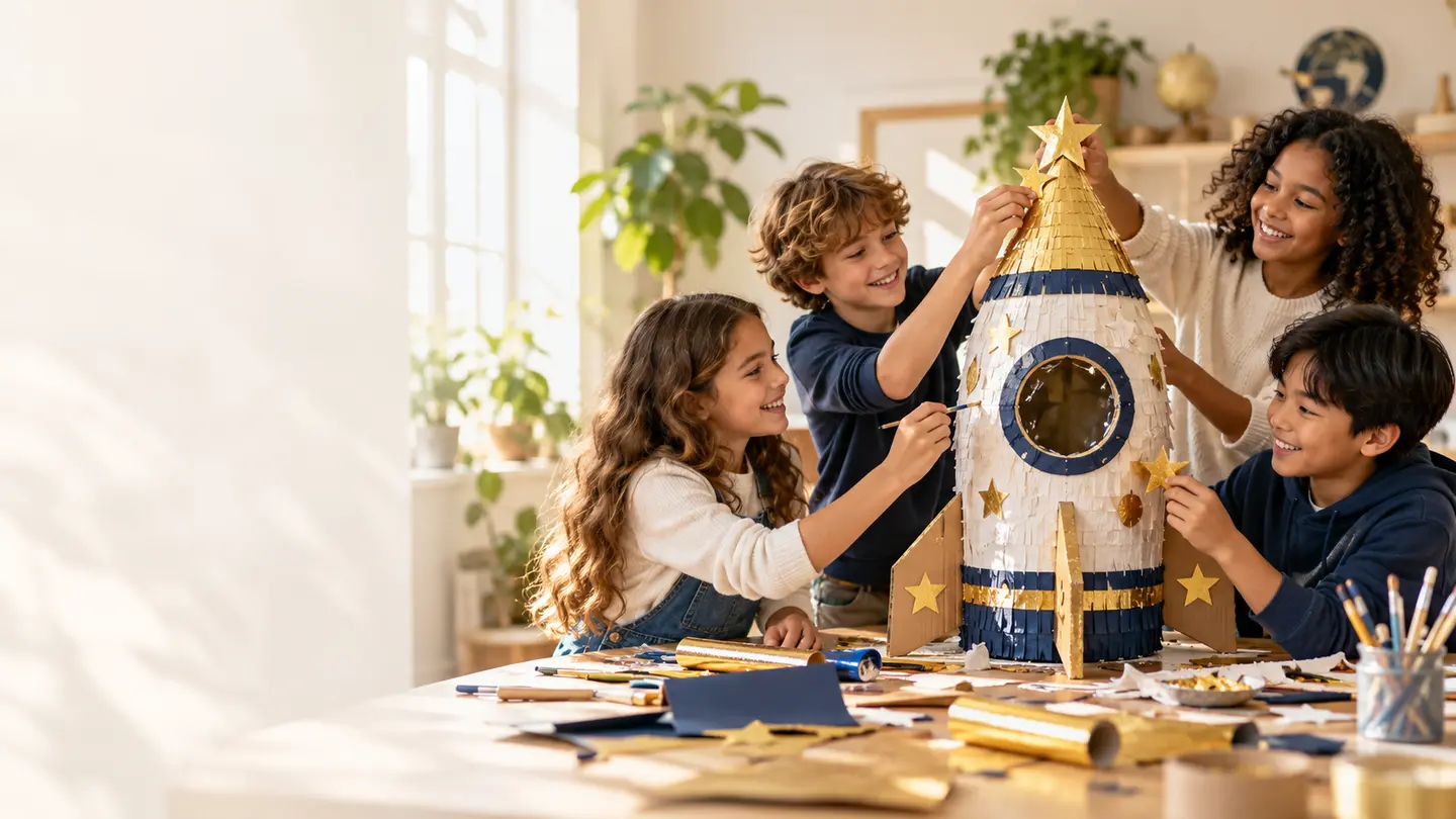 Niñas y niños colaboran para crear una piñata con forma de cohete.