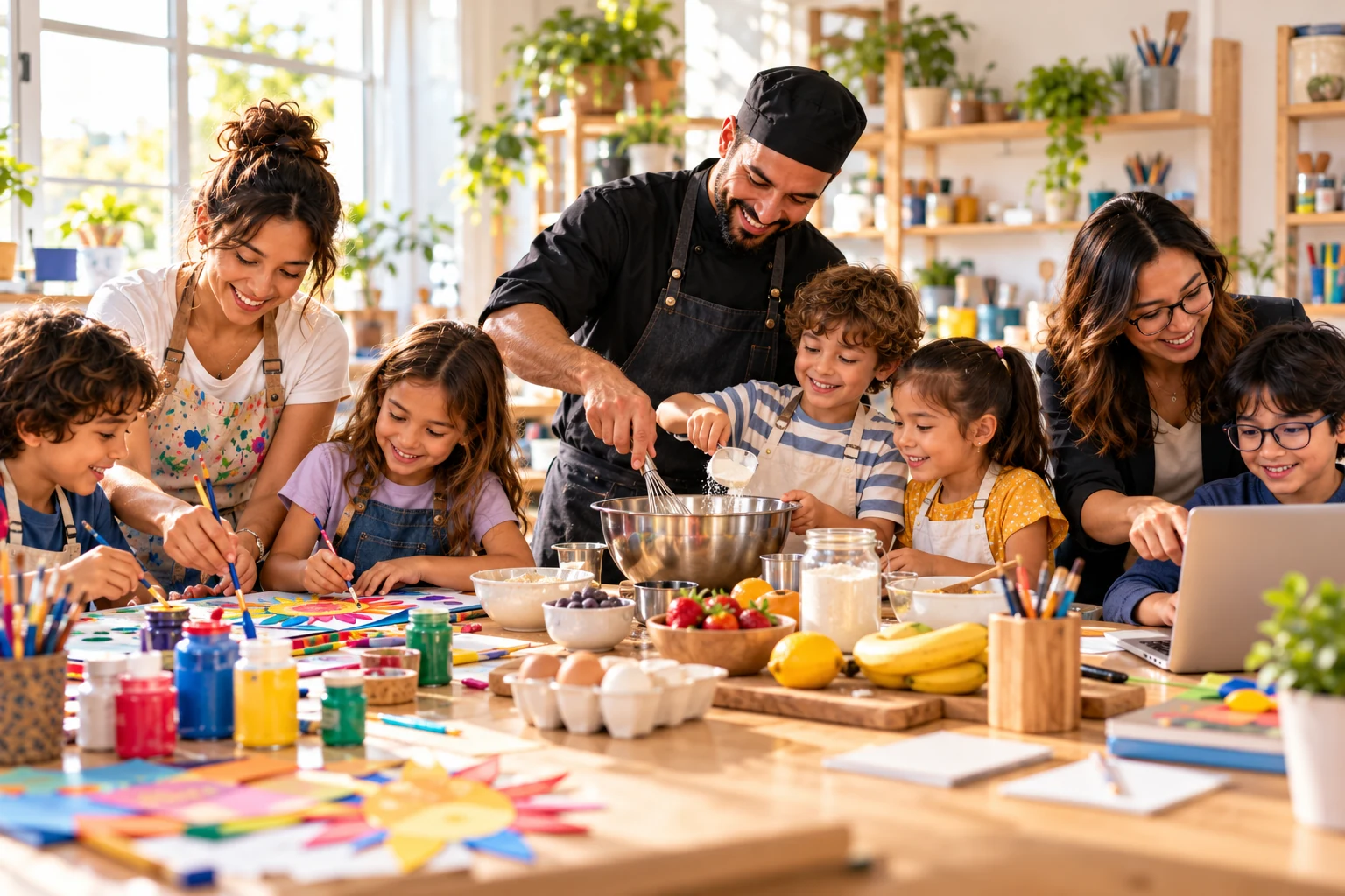 Una artista, un chef y una mentora de tecnología comparten actividades con niñas y niños en un taller.