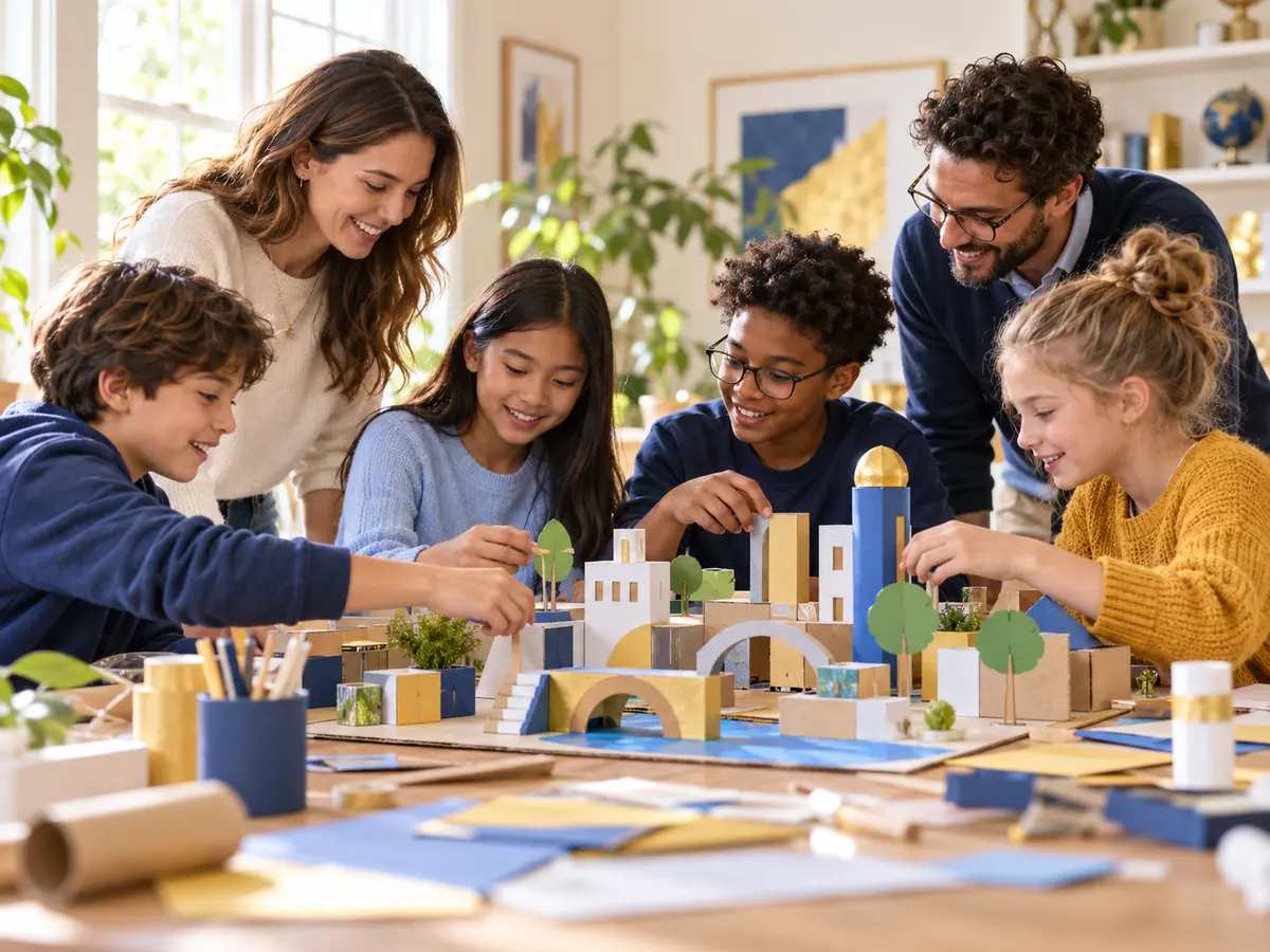 Niños y mentores construyen juntos una maqueta en una mesa de trabajo.